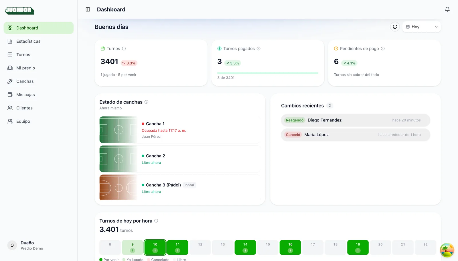 Venue dashboard in Jugador